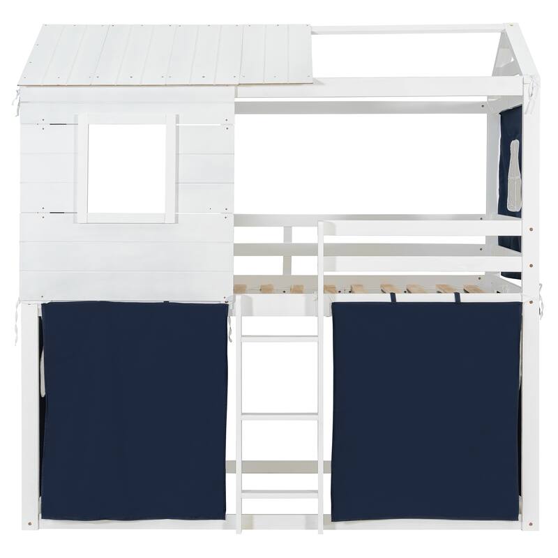 Twin Size Bunk Bed with Playhouse Tent Design and Solid Pine Wood Frame