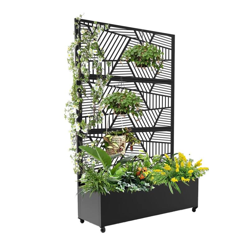 Metal Privacy Screen with Wheels – Galvanized Steel Garden Trellis & Planter Box for Climbing Plants/Vines - GEOMETRIC