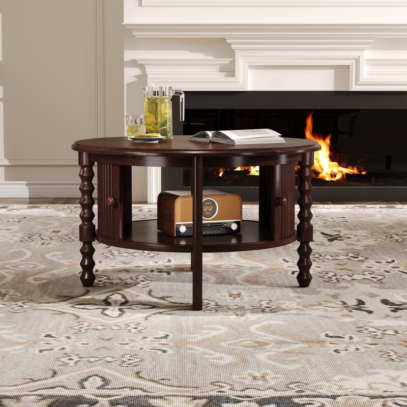 Round Slatted Coffee Table Accent Table with Storage Shelf, Modern Cocktail Table End Table with Sliding Door