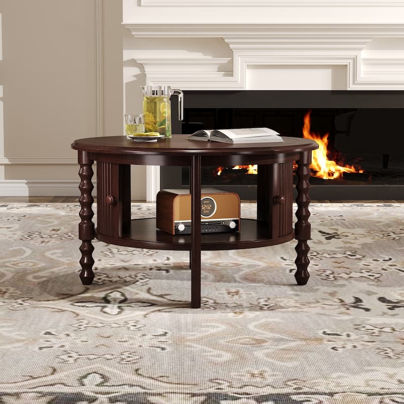 Vintage Round Coffee Table with Sliding Door Storage & Slatted Design - Walnut