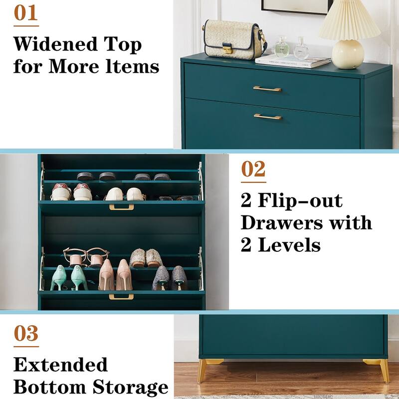 Freestanding Shoe Cabinet for Entryway, with 2 Flip Doors and Drawer - 32'W x 10''D x 43''H