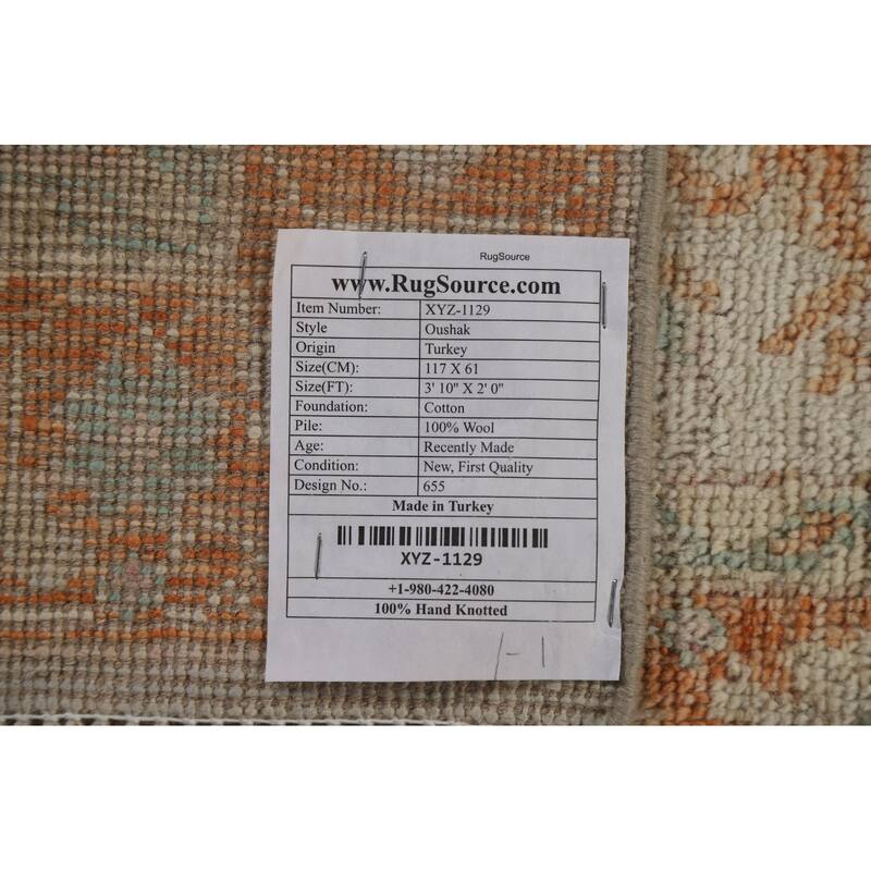 Geometric Oushak Turkish Oriental Rug Wool Hand-knotted Foyer Carpet - 2'0" x 3'10"