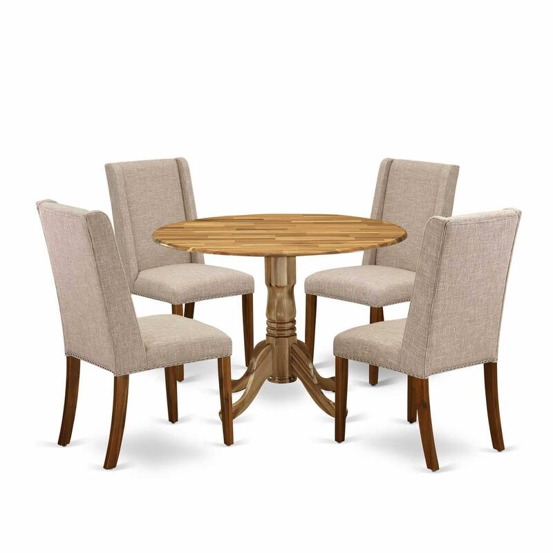 HomeStock 5-Piece Round Natural Oak Finish Solid Wood Top Dining Table with 4 Parson Chair with Lattice Back