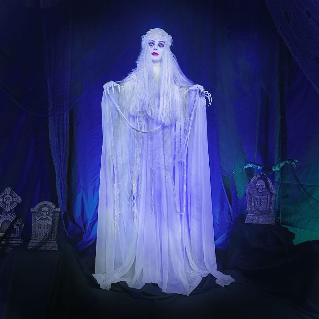 Haunted Hill Farm 5.7-ft. Life-Size Poseable Animatronic Ghost Bride with Flashing Red Eyes