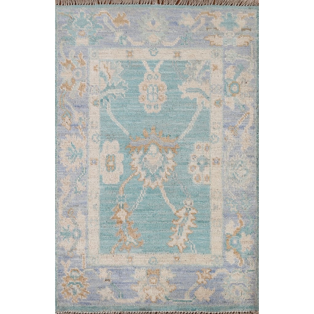 Hand Knotted Oriental 100% Wool Carpet Transitional Floral Navy Blue & Blues Oushak Area Rug - 2' 11'' X 2' 0''