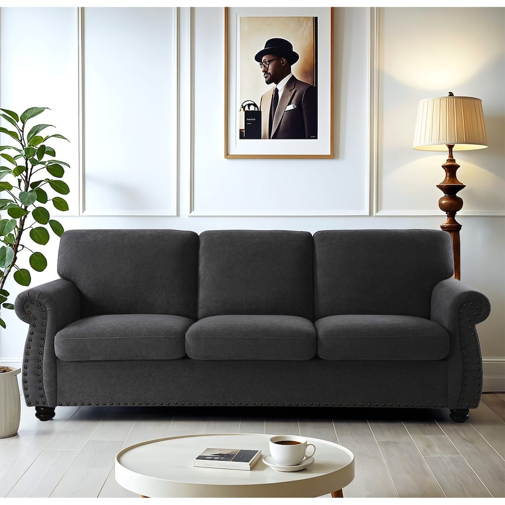 Soft Velvet Sofa, Upholstered 3 Seater Couch With High-Density Foam, Loose Back Cushions And Solid Wood Turned Legs
