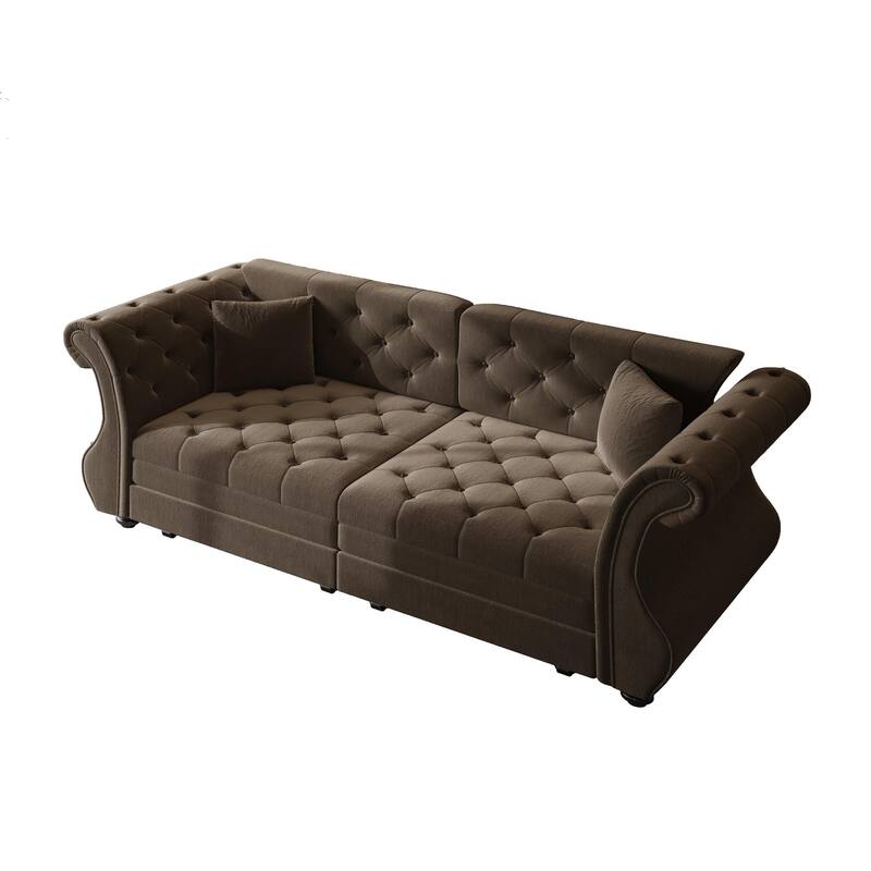 83.8" Chesterfield Velvet Pull-Out Sofa Bed, Classic Roll Arm Sleeper Couch with Elegant Flower Tufting
