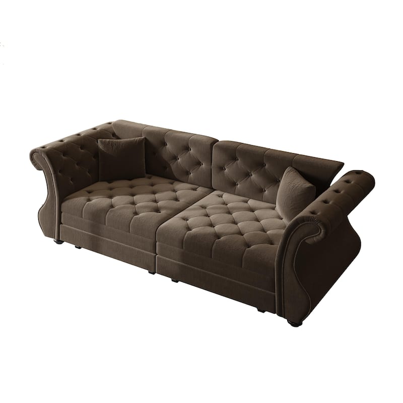 Chesterfield Pull Out Sofa Bed, Oversized 3-Seater/4-Seater Velvet Couch with Flared Arms, Convertible Sleeper Sofa