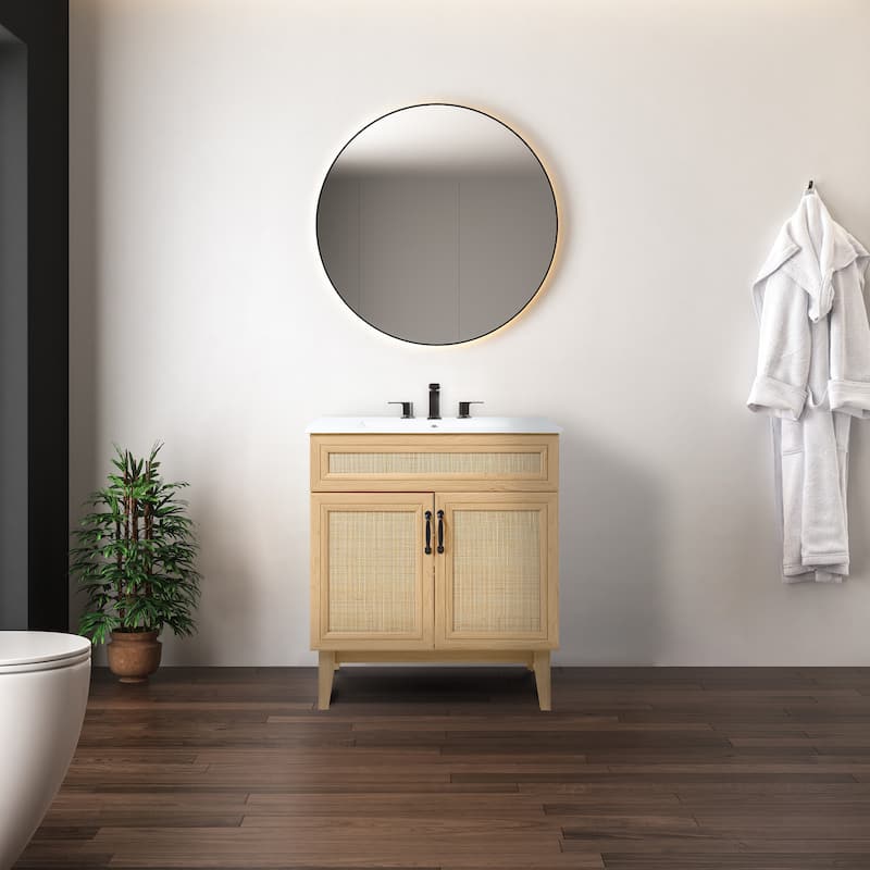 Ancillary Rattan Modern Farmhouse 2-Shelf Bath Vanity Cabinet Only (Sink Basin not Included), by JONATHAN Y