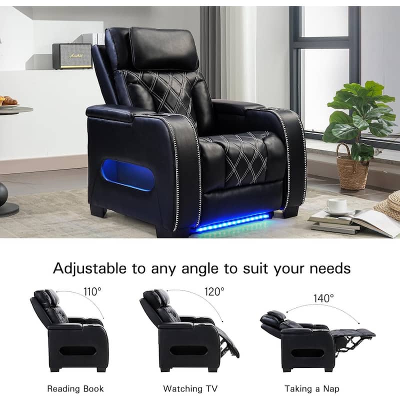 Power Recliner Chair with Adjustable Headrest, Breathable PU Leather Home Theater Seating with Ambient Lighting,Cup Holders
