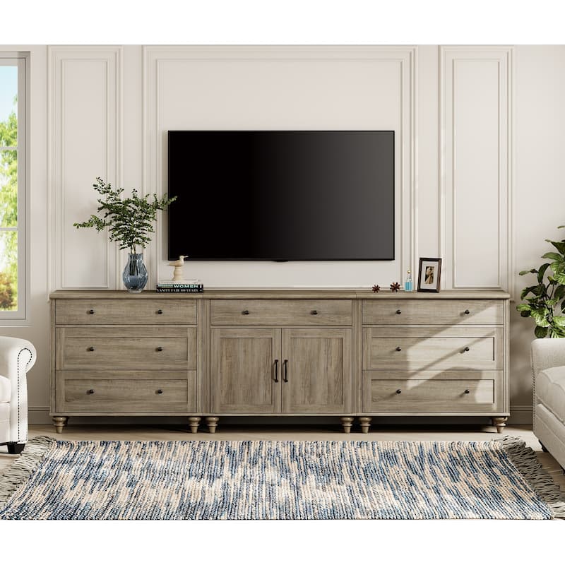 Farmhouse TV Stand with Doors and Drawer﻿ - 7 Drawers and 2 Doors -  Wash Grey
