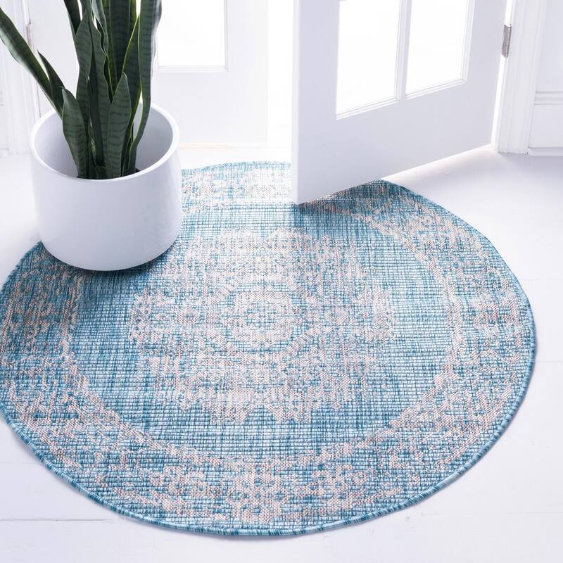 Outdoor Nirie Collection Area Rug - Light Aqua - 4' Round