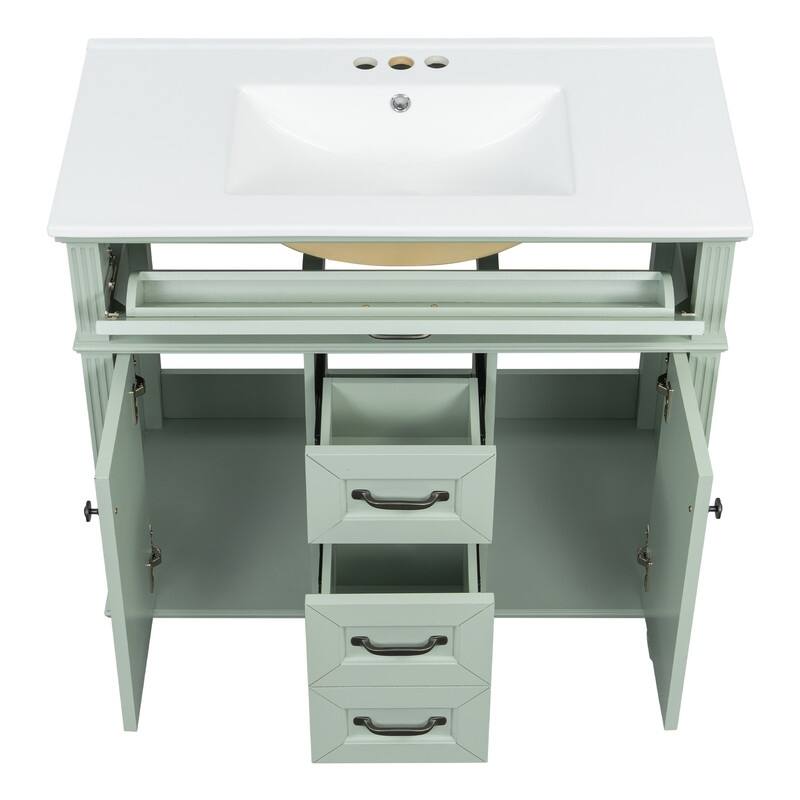 36" Bathroom Vanity with Ceramic Sink, Flip-Out Top Drawer, Soft Close Doors