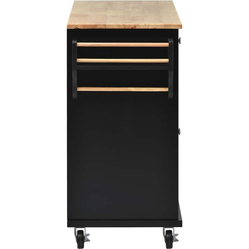 Kitchen Island with on Locking Wheels, Rolling Cart with Rubber Wood Desktop, Mobile Island with 3 Open Shelves & 5 Drawers