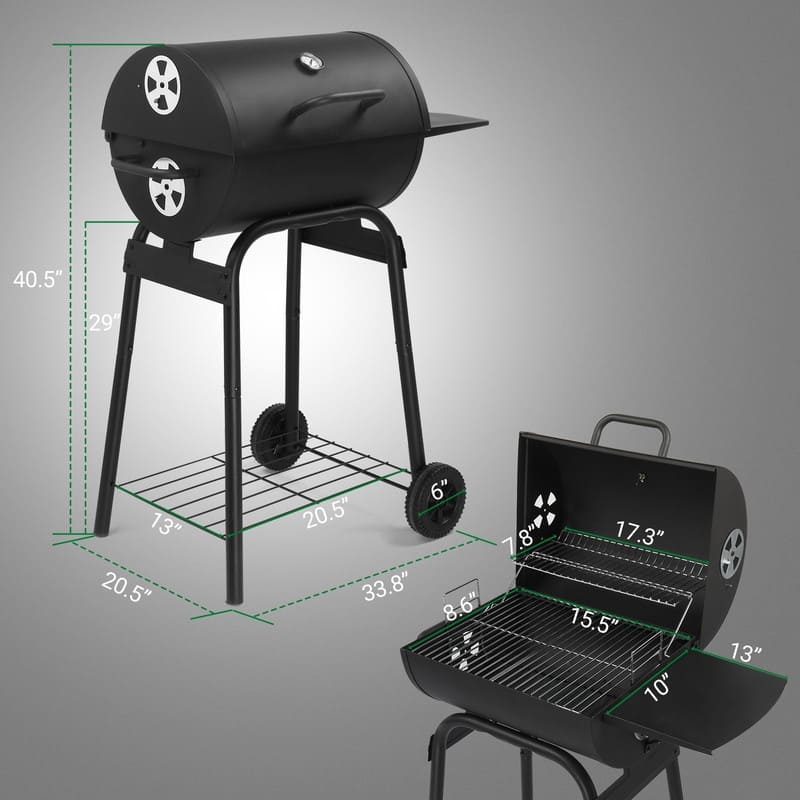 Barrel Charcoal Grill With Side Table And Wheels