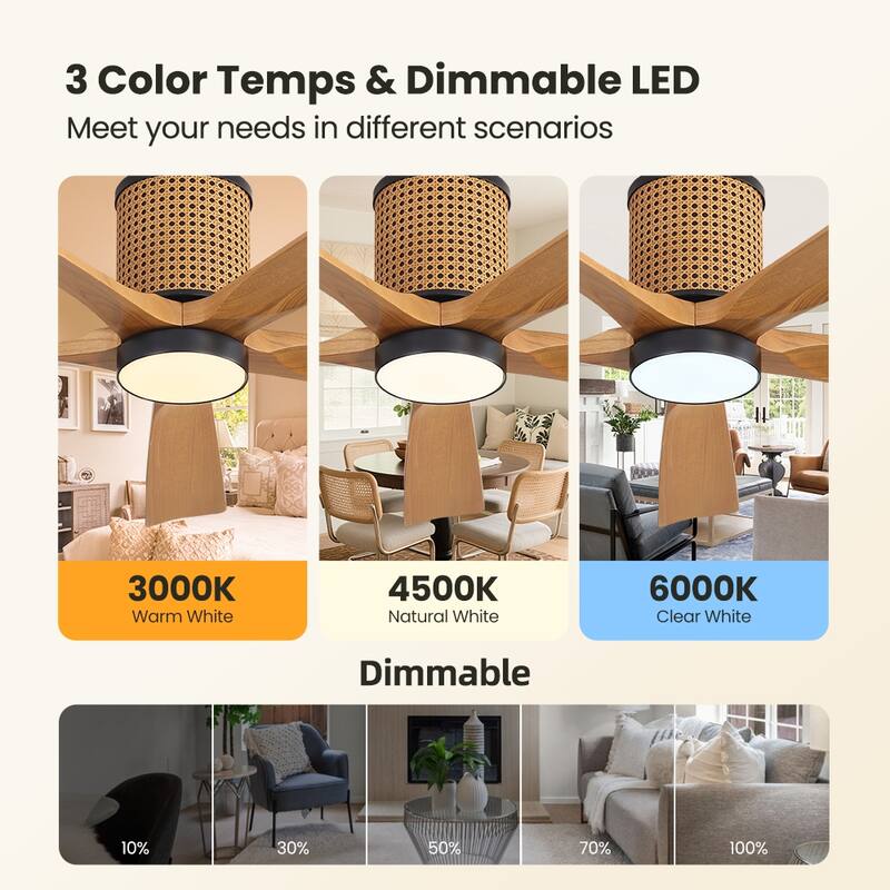 MLiAN 5 Solid Wood Blades Ceiling Fan with Lights Remote Control 6-Speed DC - 54''