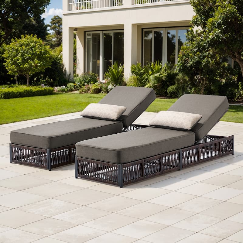 ArcoBay Brown Wicker Outdoor Patio Chaise Lounge with 5-Inch Thick Cushions (2-Pack) - Grey