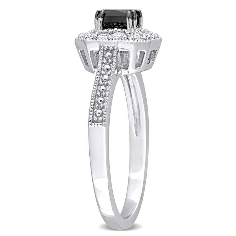 Miadora 3/5ct TDW Black White Halo Princess Cut Diamond Engagement Ring in 10k White Gold