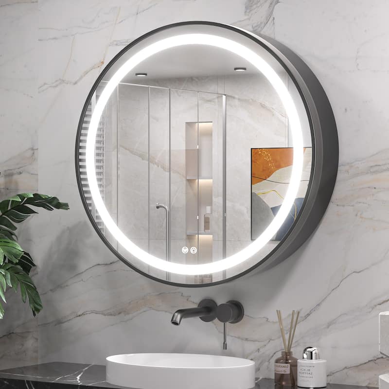 Keonjinn LED Metal Framed Round Medicine Cabinet with Mirror for Vanity, 3 Color Temperatures - 28''x28''