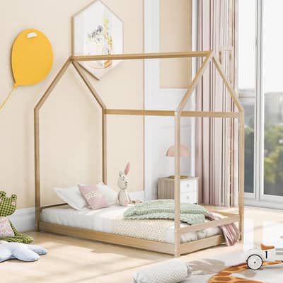 Twin Size Wood House-shaped Canopy Floor Bed