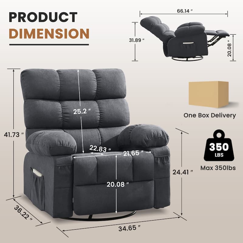 Swivel Rocker Recliner Chair for Adults, 360 Upholstered Manual Recliners, Single Seat Glider Reclining Chair with Side Pockets