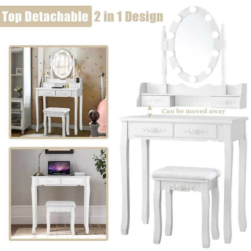 Makeup Dressing Table with Touch Switch Lighted Mirror and Cushioned Stool - 29.5"(L) x 16"(W) x 57"(H)