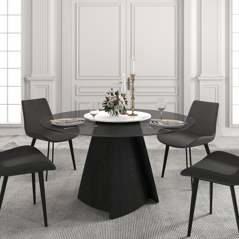 Modern Dining Glass Round Table, 53" Dining Table with Susan with Wood Legs for Dining Room Kitchen