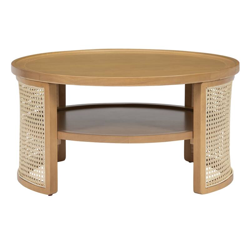 2-Tiered Round Coffee Table with Curved-Edge Top & Rattan Base, Boho Wood Center Table with Storage Shelf for Living Room