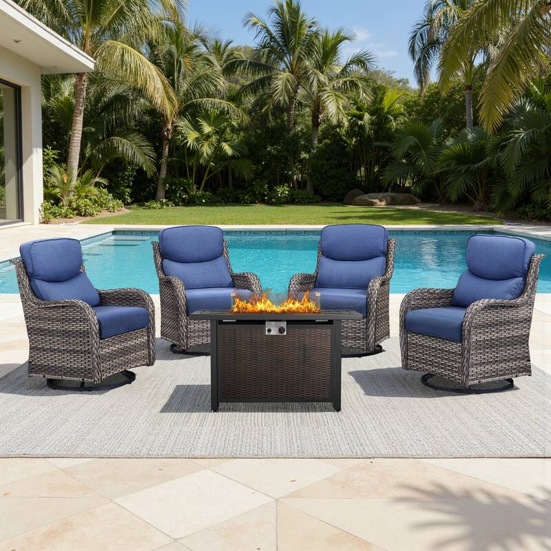 Meyreso 5-Piece Outdoor Patio Wicker Fire Pit 4 person Conversation Set with 5-Inch Thick Cushions