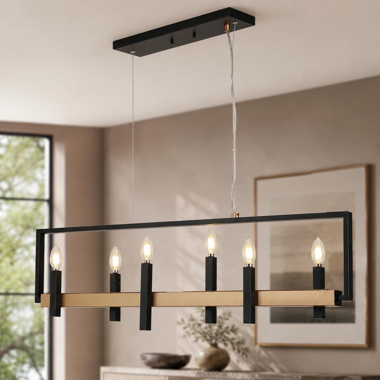 LALUZ Modern 6-Light Black Gold Chandelier Linear Airy Island Light for Kitchen Island - L39.4" x H72.7" Max