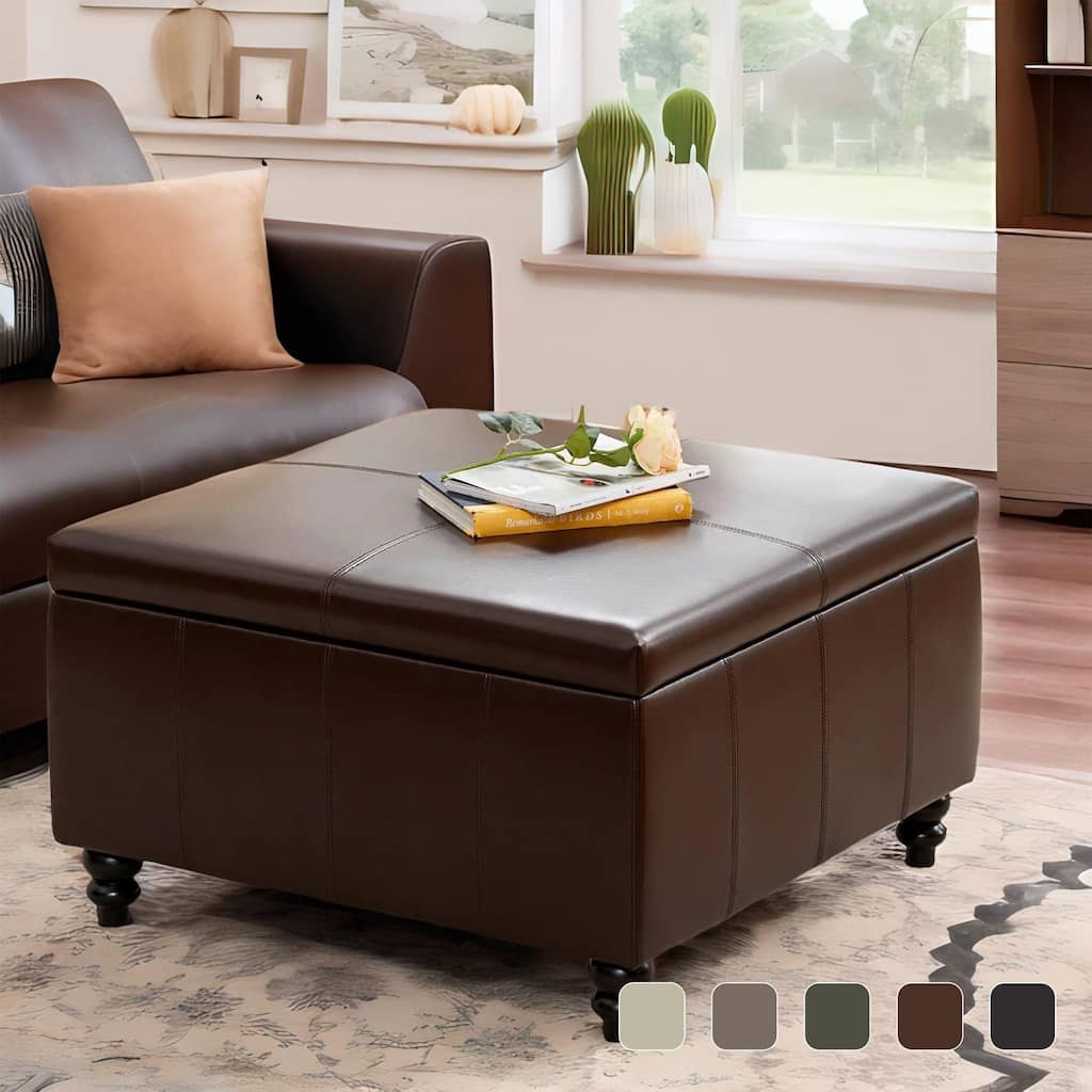 Leather Square Storage Ottoman for Living Room, Brown/ Black 30"W x 30"D x 18.1"H