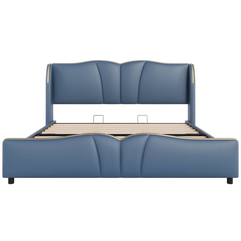 PU Leather Upholstered Bed Wingback Bed, Platform Bed Frame with Wave-Shaped Headboard & Footboard