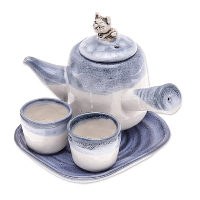 Novica Handmade Cozy Meows Ceramic Tea Set