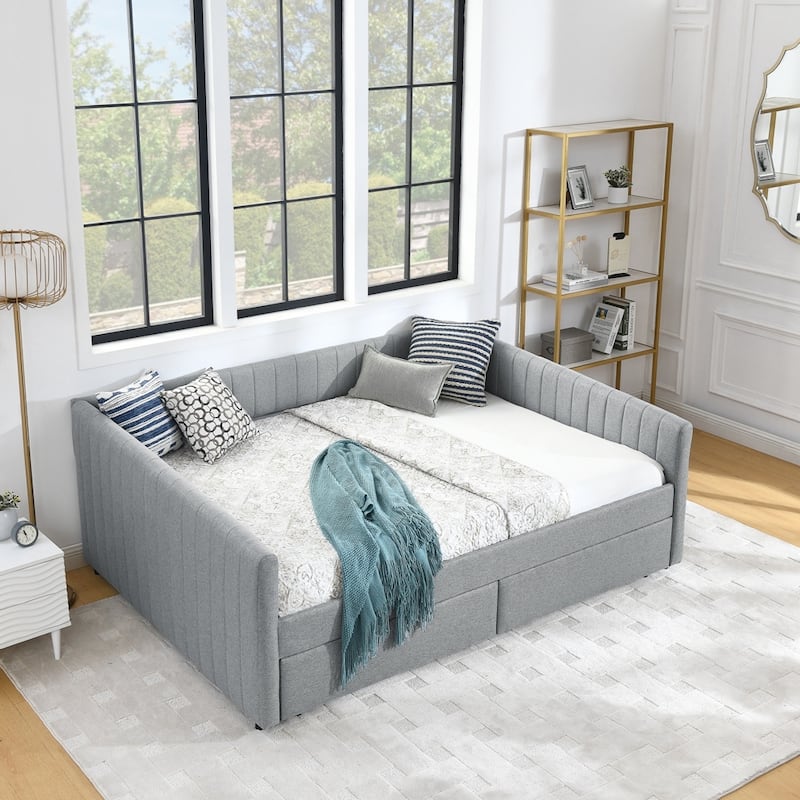 Vertical Stripes Linen Fabric Upholstered Sofa Bed with Two Drawers