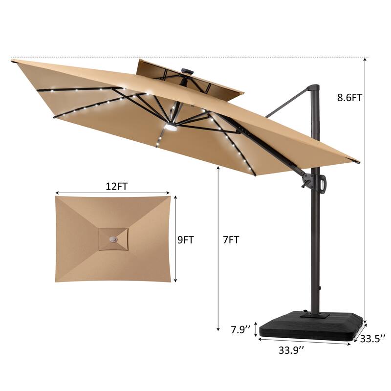 12 x 9 FT Outdoor Patio Cantilever Umbrella with Solar Lights Double Canopy 360 Rotation Tilt with Base
