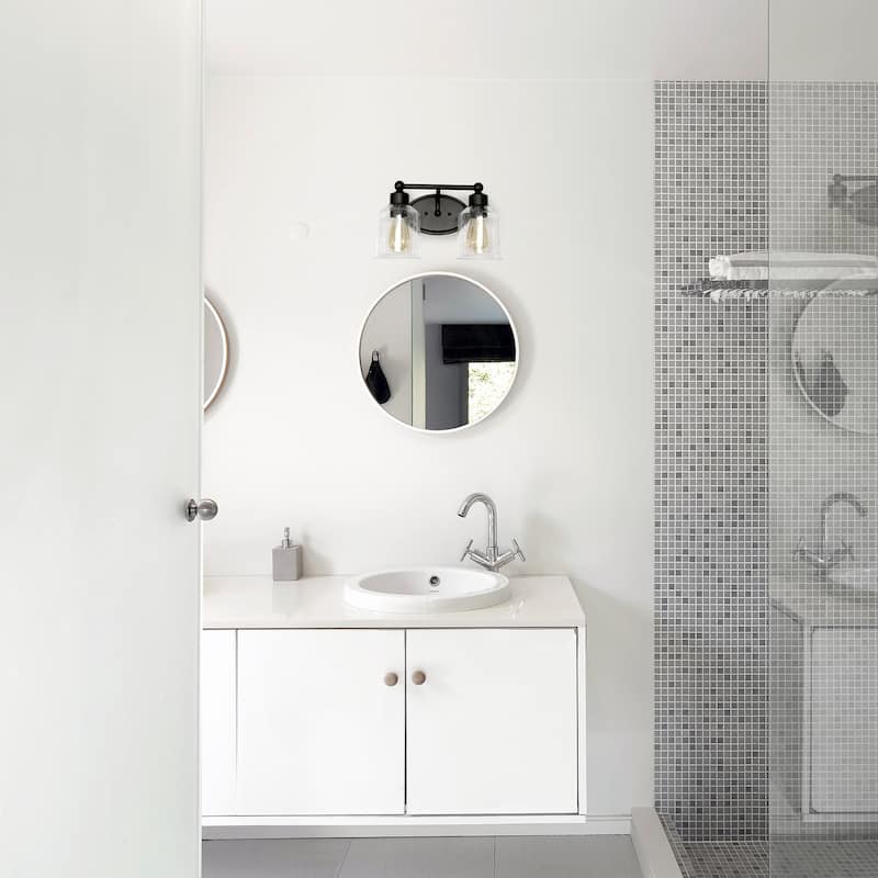 Two Light Vanity Wall Sconce - Metal & Glass Shade Uplight Downlight - Bathroom, Hallway, Entryway Decor - Black Finish - 6.5