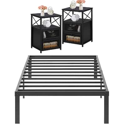3 Piece Bedroom Set, 14.2-Inch Metal Bed Frame with Nightstand set of 2