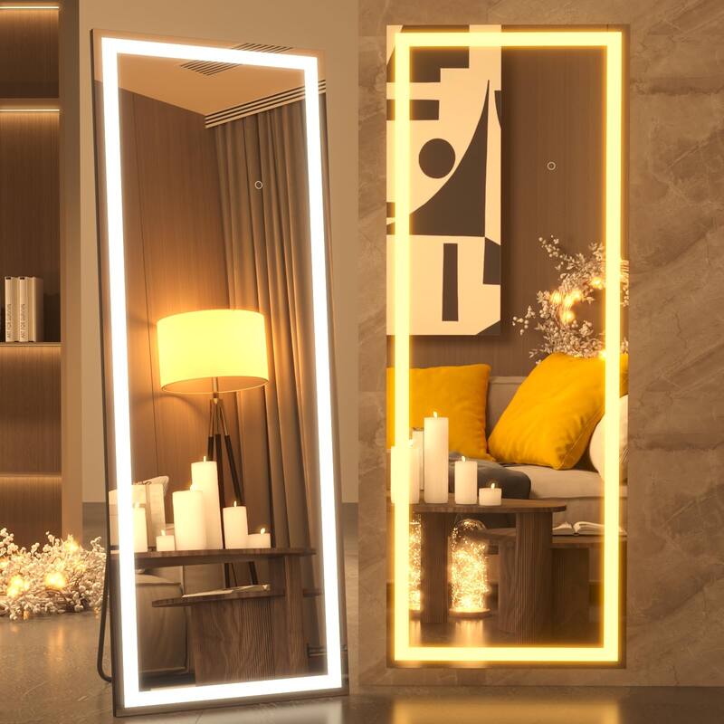 71x24 Inch Full Length Mirror with Lights, Full Body Dressing Standing, Hanging Mounted Mirror - Black