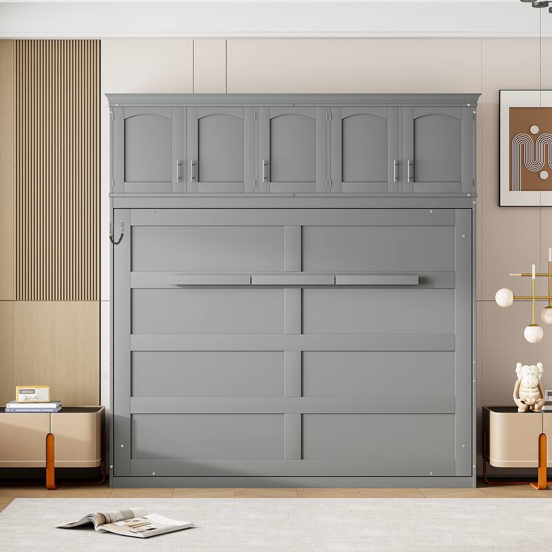 Space-Saving Full Size Wall Bed with Top Cabinets, Gray