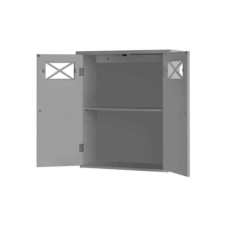 Teamson Home Dawson 2-Door Gray Bathroom Wall Cabinet, Removable Glass Panel, Adjustable Shelf, Cross Molding Storage