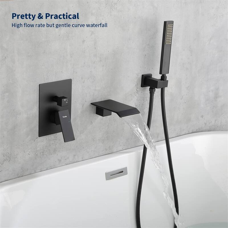 Wall Mounted Tub Faucet with Handheld Shower Waterfall Tub Filler Single Hnadle Bathtub Faucet Matte Black
