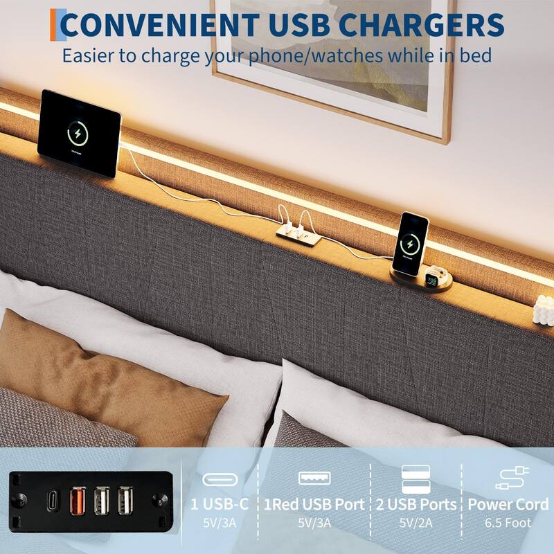 Twin Size Bed Frame with Charging Station and LED Lights, Modern Platform Bed with Slats