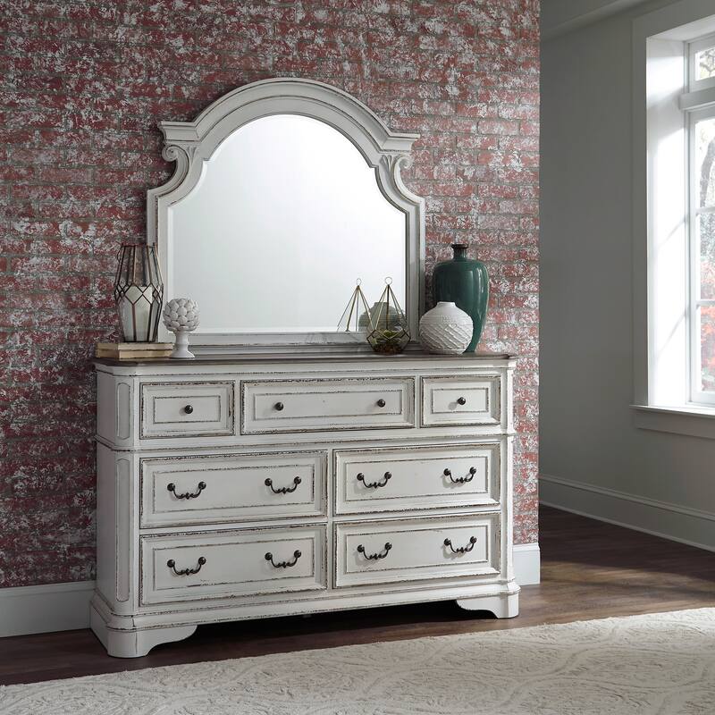 Magnolia Manor Upholstered Bed, Dresser and Mirror, and Nightstand Set