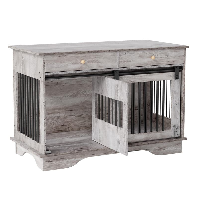 Wooden Dog Crate Kennel Furniture with Barn Door 2 Storage Drawers Removable Divider - Grey