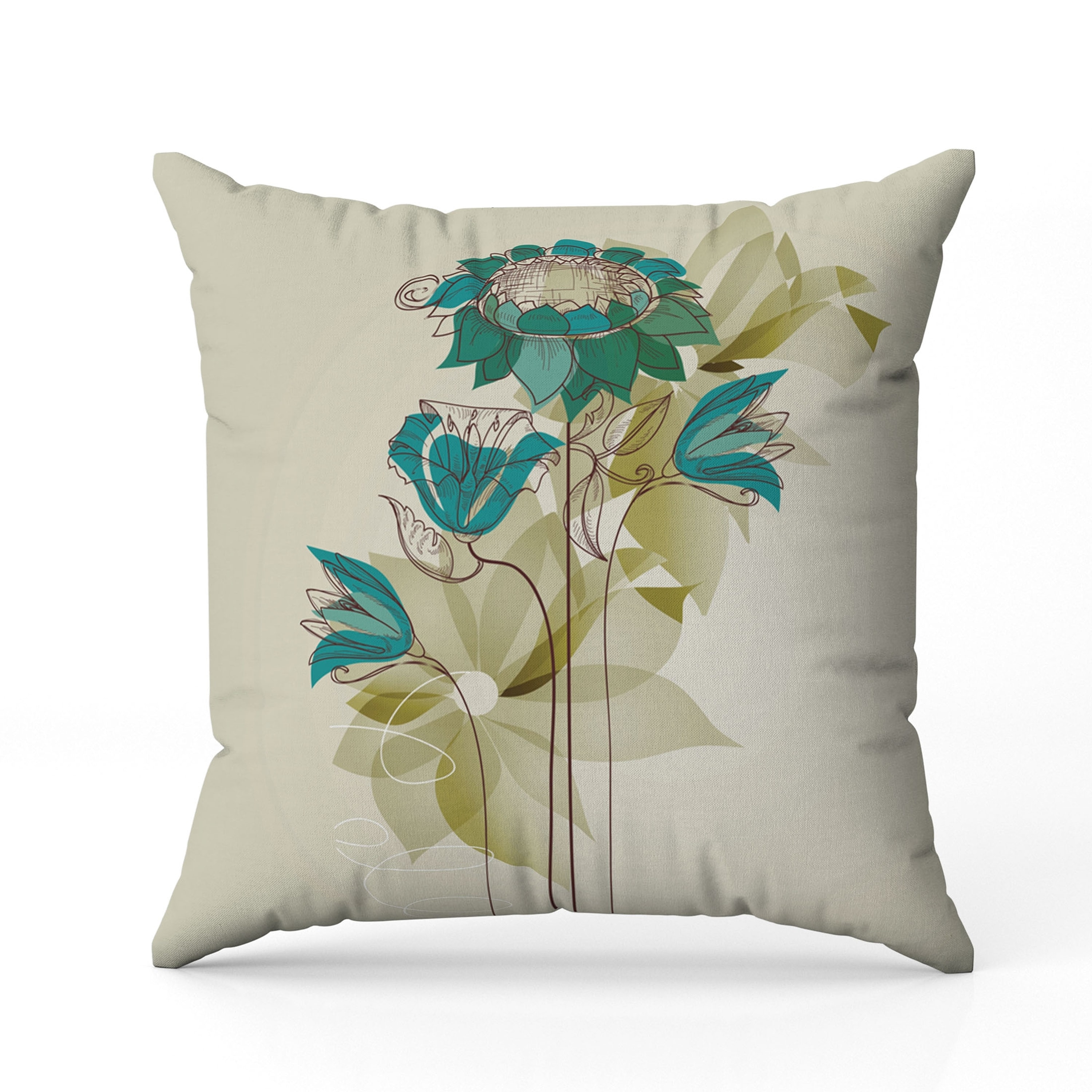 Flowers Line Art Faux Suede Reversible Throw Pillow Green and Blue