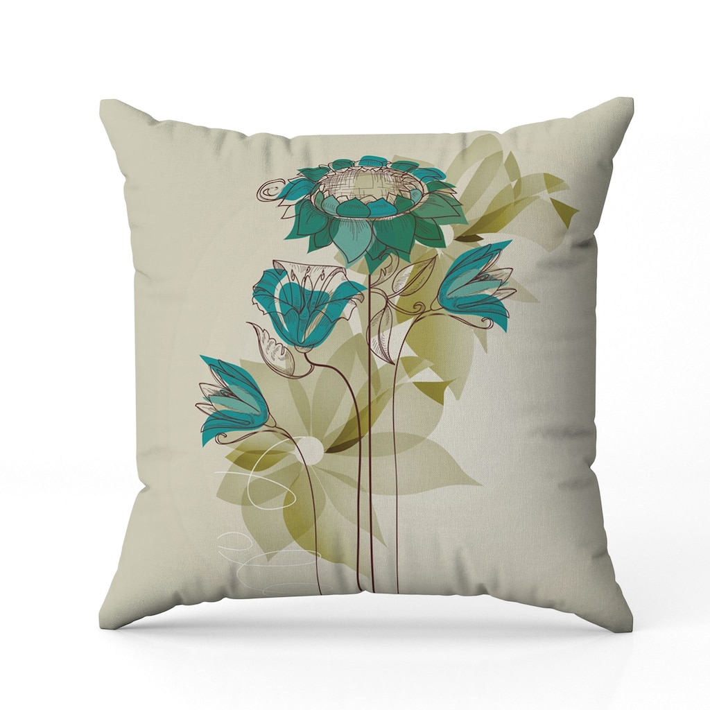 Flowers Line Art Indoor/Outdoor Reversible Throw Pillow Green and Blue