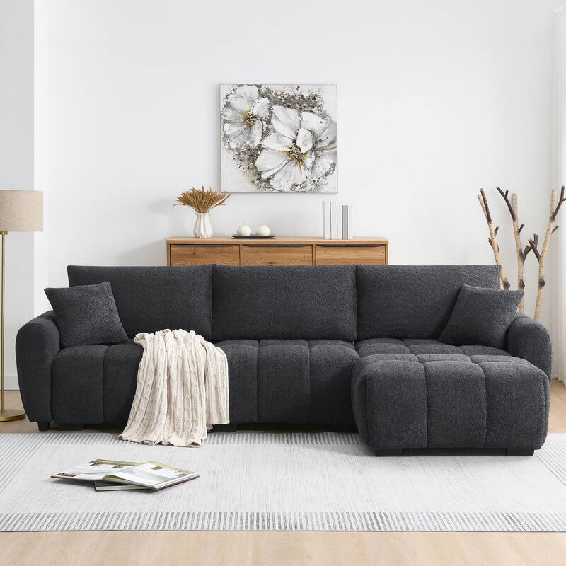 Modular Sectional Sofa Boucle Fabric Pull-line Design L-Shape Sofa Set with Movable Ottoman for Living Room 3-Seater Couch