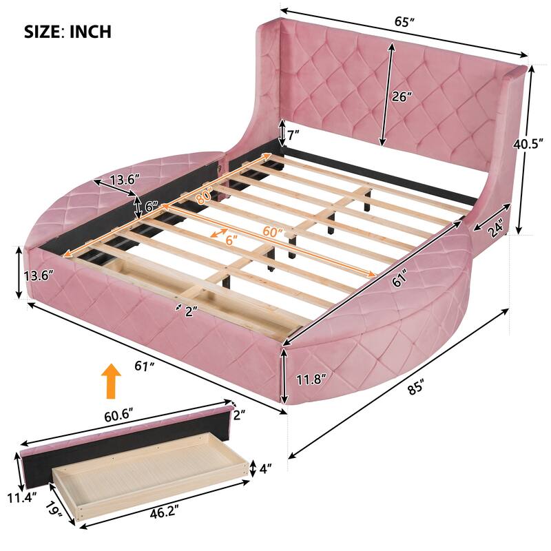 Velvet Queen Platform Bed with Wingback & Storage