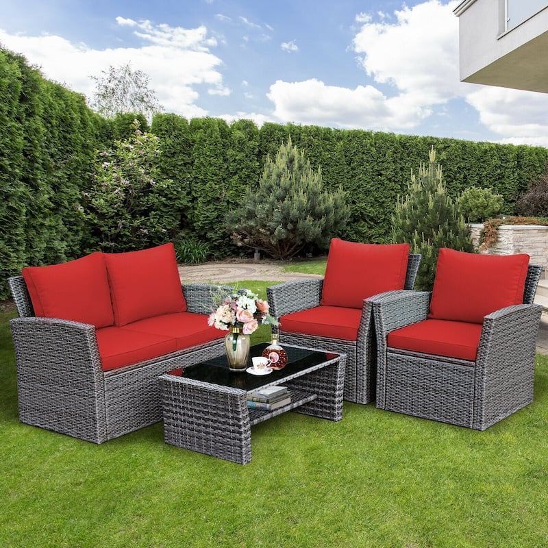 4 Pieces Patio Rattan Furniture Set Sofa Table with Storage Shelf Cushion - 48.5" x 26.5" x 30" (L x W x H)