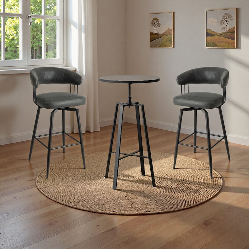 Glitzhome Modern 3-Piece Wooden Swivel Bar Stools & Height Adjustable Pub Table Set - Black Table & Black PU Bar Chairs